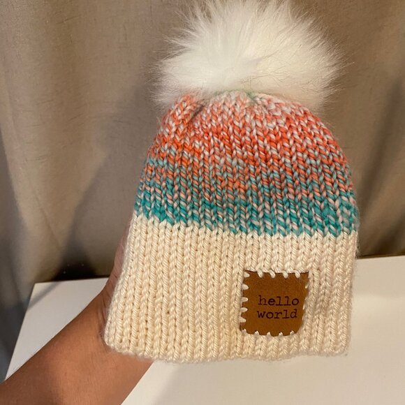 Hello World Baby Beanie with‎ Puff Pom – Knit Winter Hat - Picture 2 of 4
